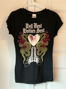 Crash & Burn Black Graphic 'Hell Bent Heaven Sent' Tee with Red Roses